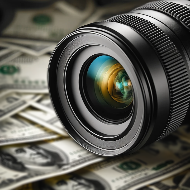 Camera lens on a bed of money