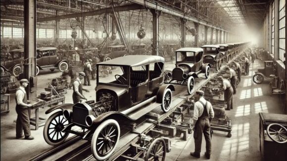 An AI-rendering of an early 20th century automobile assembly line