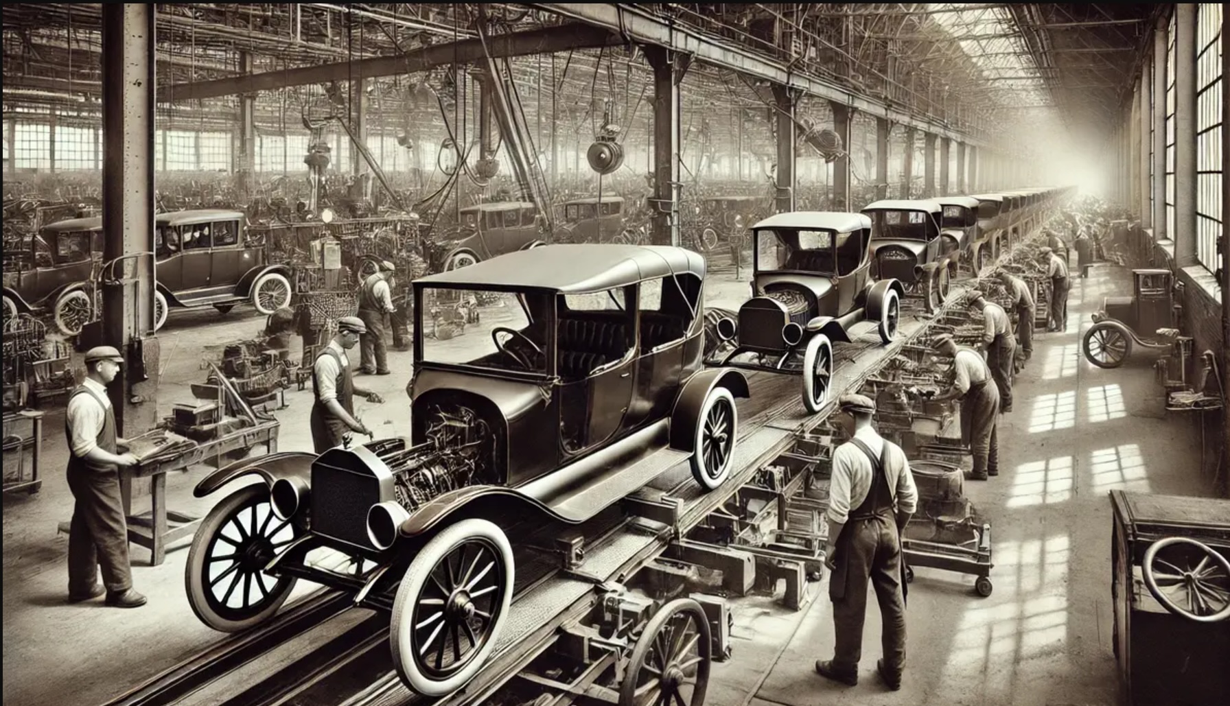 An AI-rendering of an early 20th century automobile assembly line